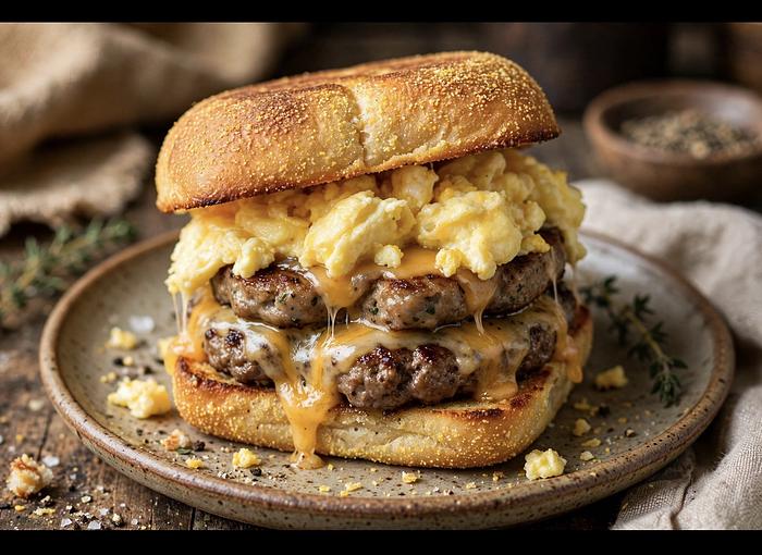 Beef, sausage, egg, and cheese on a original Philly Muffin bun