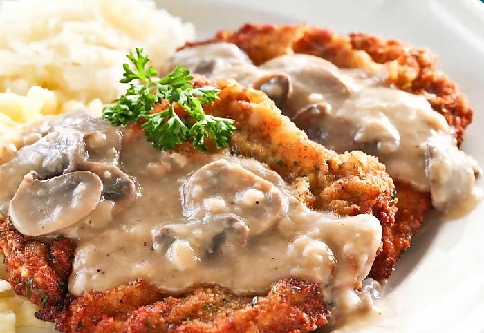 Pork Schnitzel with Mushroom Sherry Cream Sauce 