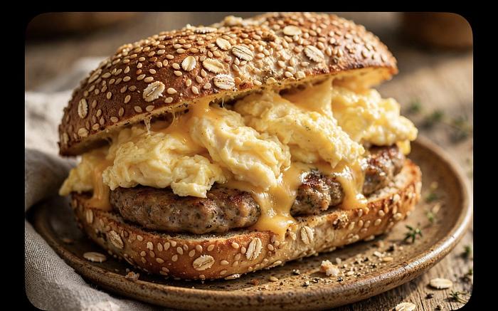 Turkey sausage, egg, and cheese on a seated roll